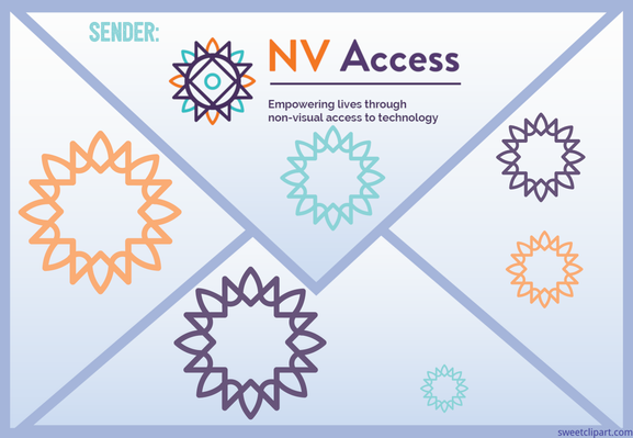 Envelope with "Sender: " then NV Access logo, with sunburst designs all around