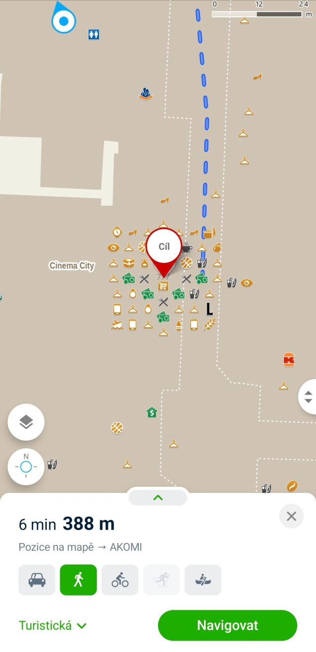 A screenshot from mapy.cz app. Most POIs are grouped in the center of the shopping mall.