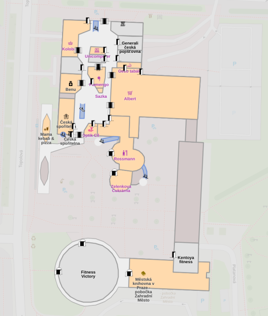 View of the frist floor of OC Cíl mapped to individual rooms and corridors. 