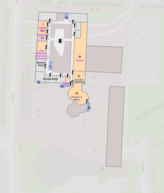 View of the second floor of OC Cíl mapped to individual rooms and corridors. 