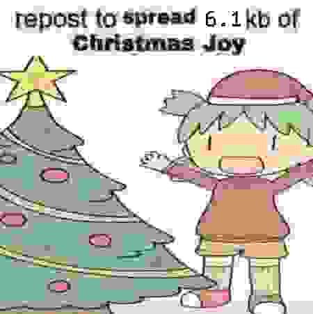 an anime girl with pigtails cheers in front of a christmas tree in this heavily compressed image with the text "repost to spread 6.1kb of christmas joy".
