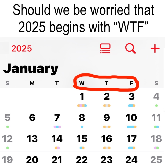 Image of a calendar page for January 2025. In the middle of the image the letters W, T, and F are circled in red.
Caption: Should we be worried that 2025 begins with “WTF”