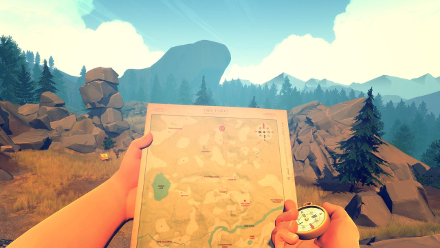 Game screenshot: a first-person view of hands holding a map and a compass, in front of a gorgeous American mountain landscape