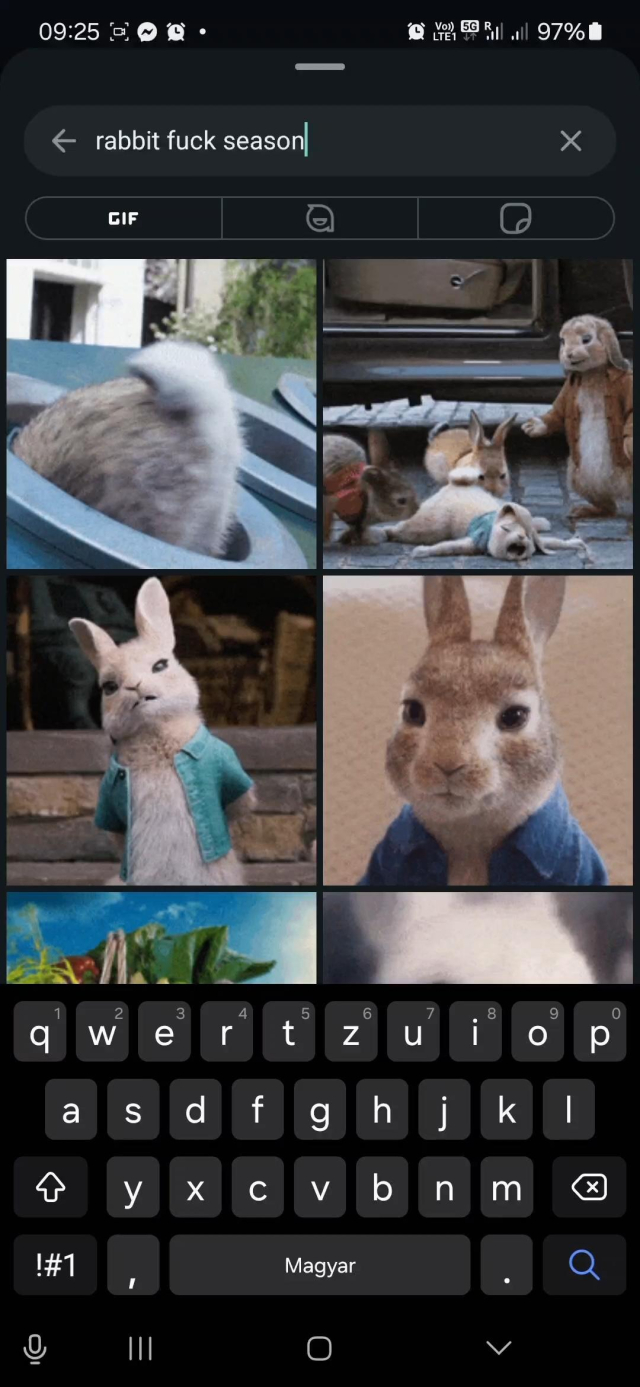 Screenshot of a GIF search, I typed "rabbit fuck season", instead of "rabbit duck season".