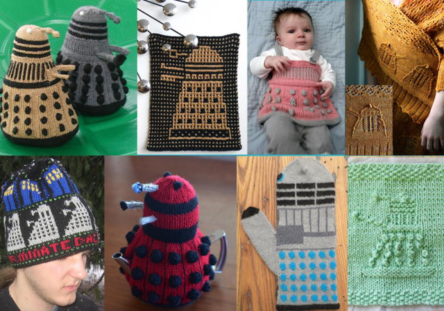 Collage of photos of Dalek inspired knitting projects. Two stuffed Dalek toys, a Dalek wash cloth with mosaic knitting in gold and black, a baby wearing a romper with Dalek trimming of bobbles and more, a shawl with lace daleks, a hat with blue TARDIS motifs and daleks and the word Exterminate!, a red Dalek tea cosy, a mitten patterned like a Dalek, another Dalek wash cloth with texture and bobbles