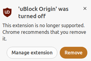 Google chrome turned of 'uBlock Origin' extension. It is time to switch to Firefox.   There's uBlock Origin Lite, which replaces the original uBlock Origin for Chrome 