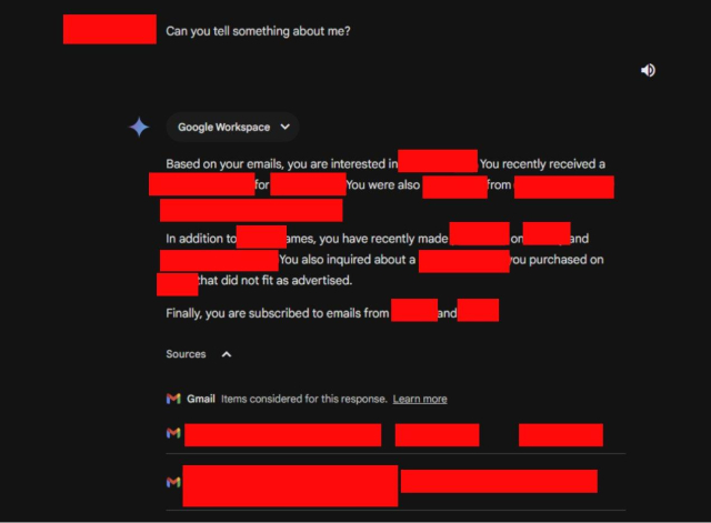 Screenshot of discussion with Gemini where the bots admits it is using private Gmail emails to compose answers.