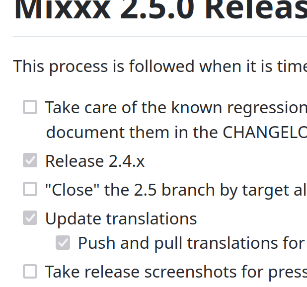a cropped screenshot that appears to read "Mixxx 2.5 Release Checklist" and some items already checked off