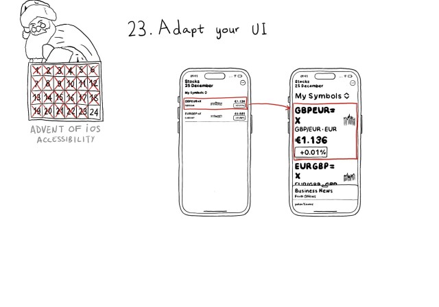 Calendar of Advent iOS Accessibility. Day 23. Adapt your UI. Example of Apple's Stock app. The first one has the default text size. The second one uses the largest possible text size. In the first one, the symbol and name are at the left of its row, there is a small graph in the middle, and the value and percentage change to the right. In the second one, the symbol, name, value, and percentage change are at the left, taking most of the row width, and the only thing to the right is the graph. That gives plenty more horizontal space for the text.