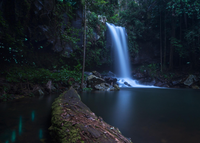 waterfall with glow worms in twilight