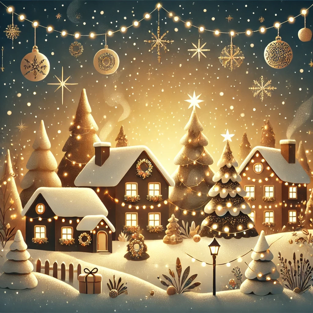 Slavnostní digitální ilustrace zobrazující zimní vesničku pokrytou sněhem, ozdobenou vánočními světly a zářící noční oblohou.
