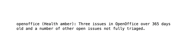 Screenshot of Apache Board Report saying there are three unfixed security issues in OpenOffice.