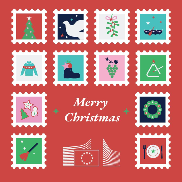 A festive Christmas-themed graphic with a red background. The image features 12 postage stamp illustrations arranged in a grid. The stamps represent various holiday traditions across Europe: a decorated Christmas tree, a white dove against a starry night, mistletoe tied with a ribbon, crossed candy canes, a blue Christmas sweater with red and white patterns, a stocking with holly leaves, a bunch of grapes, a green triangular bell with a red star, Christmas cookies (a star, a tree, and a snowman), a broom with stars, a green wreath with red accents, and a festive dinner plate with a fork and knife. Each stamp also features one star of the EU emblem. In the centre, "Merry Christmas" is written in white script. At the bottom, the logo of the European Commission appears in white.