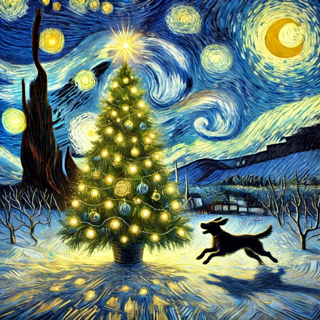 An ChatGPT rendered image of a black dog running around a Christmas Tree in a Vincent van Gogh inspired scene (Starry Night).