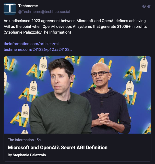 A screenshot of a techmeme post that says "An undisclosed 2023 agreement between Microsoft and OpenAI defines achieving AGI as the point when OpenAI develops AI systems that generate $100B+ in profits (Stephanie Palazzolo/The Information)" Then links to The Information article reporting this. 