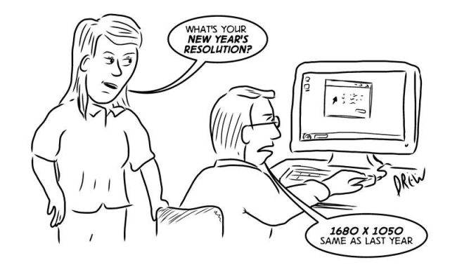 A woman asks a man at his computer what his New Year's resolution is. He's looking at his monitor showing a resolution setting of 1680 x 1050, and replies, "Same as last year." The joke plays on the dual meaning of "resolution" concept that we humans have.