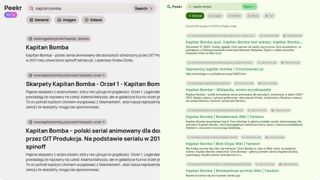 A collage of two Peekr interface editions. The first, on the left, is kept in sepia-ish colours, while the second, on the right, is kept in the current Peekr's colour palette (green-ish).

Between left and right there's much difference. On the left, you may notice lack of site overview and Internet Archive links (which are present in today's Peekr - on the right). Finally, there's no News and Tor tabs on the left, which on the right are sitting and awaiting their proper implementation.

Result links are trimmed to fit in one line on the right, while on the left they were let to spill through all way to the end, sometimes requiring a few lines to be written.