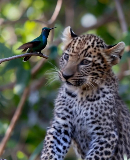 A young leopard staring at a hummingbird on the tip of a twig staring back at the leopard 