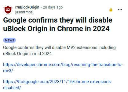 Reddit Screenshot: Google confirms they will disable uBlock Origin in Chrome in 2024