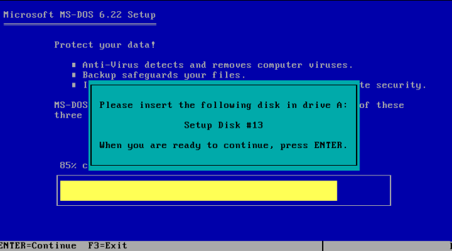 Microsoft MS-DOS 6.22 Setup, showing a dialog box asking the user to insert Disk 13