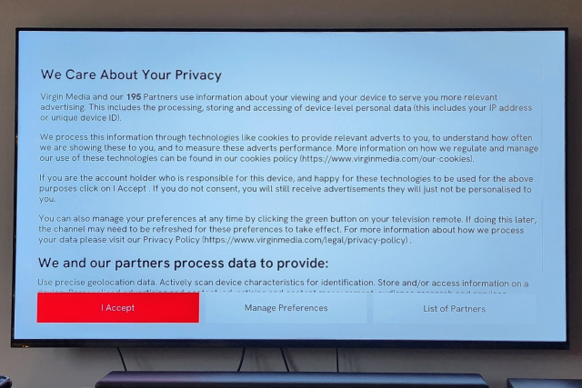 A TV set with "we care about your privacy" etc etc and buttons to accept, manage, view partners, blocking the entire screen