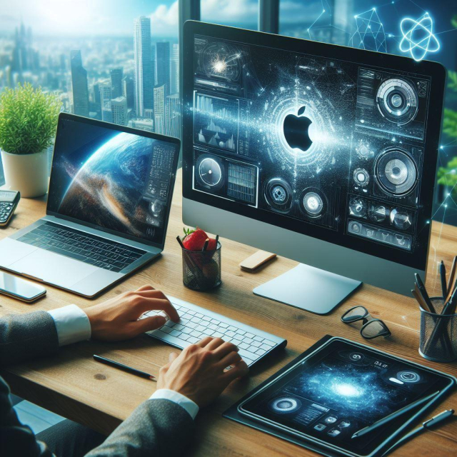 The image shows a modern workspace with a panoramic view of a cityscape in the background. A person’s hands are visible, typing on a white keyboard. There are three screens displaying futuristic digital interfaces; one is a laptop to the left, another is an Apple desktop computer in the center, and the third is a tablet to the right. The central screen displays complex data visualizations and diagrams along with an Apple logo in the center.