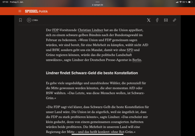 Screenshot eines Artikels aus dem Magazin DER SPIEGEL mit Schreibfehler: Schwarz-Geld statt Schwarz-Gelb