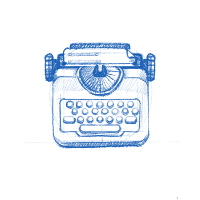 This sketch portrays another vintage typewriter design, drawn with a blue pencil in a similar hand-drawn style. It highlights a front-facing view with more detailed features compared to the first sketch. The typewriter includes:

    A rounded, central ribbon spool housing with radiating lines, adding visual focus.
    A more detailed keyboard layout with keys shaped like ovals or rectangles, representing functionality.
    Knobs on either side of the paper roller, maintaining the retro feel.
    A compact and symmetrical design overall, emphasizing its nostalgic aesthetic.

The illustration retains its minimalistic, charming approach with clear structural elements.