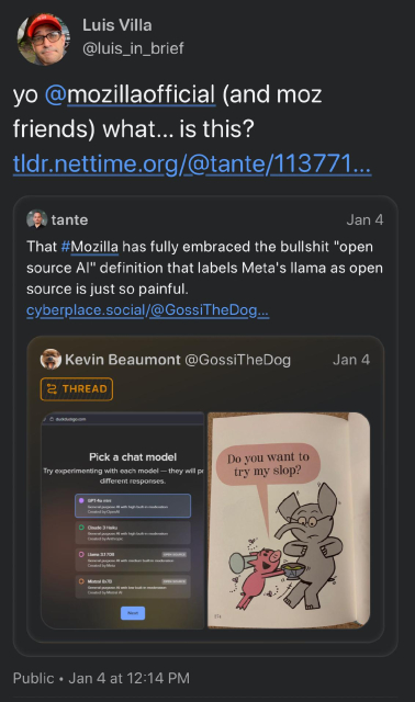 A screenshot of a toot by Luis Villa that asks Mozilla about their definition of open source AI. However, the screenshot in the quoted tweet is from Duck Duck Go, not Mozilla.