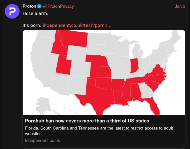 Follow up Tweet that just reads "False alarm. It's porn" and links to the Independent article about the recent age verification measures in the US causing PornHub to pull out of several states