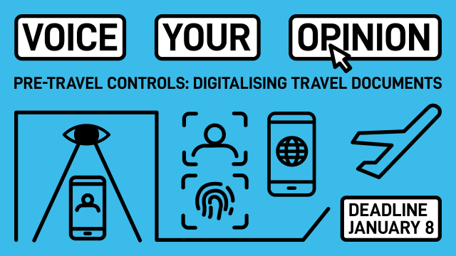 Pictographic depiction of a person walking through an airport gate under the vision of an elevated eye and a surveillance camera. There also is a smartphone and icons of a face and a fingerprint. To the right a plane is taking off. Text says: “Voice your opinion – Pre-travel controls: Digitalising travel documents – Deadline January 8”.