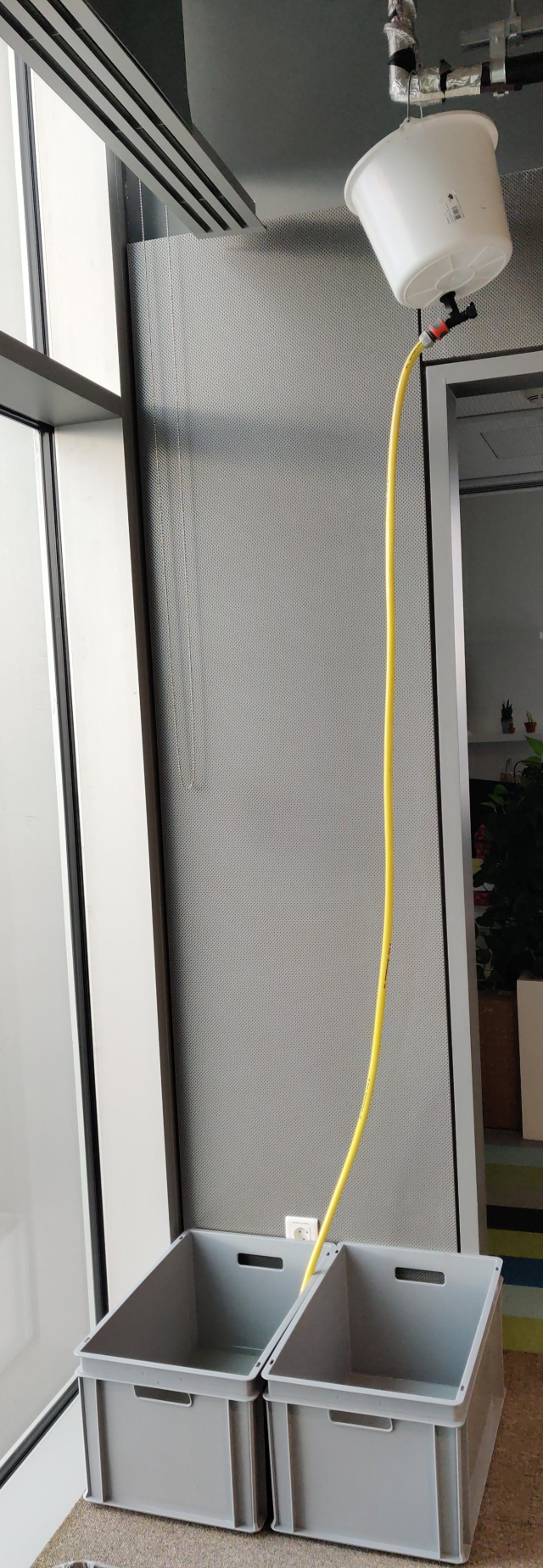 A leaky pipe, with a bucket, that's since been attached to the pipe, with a tap mounted on the underside of the bucket to empty it easily, with a hose mounted to the tap to guide the water to a set of larger bins