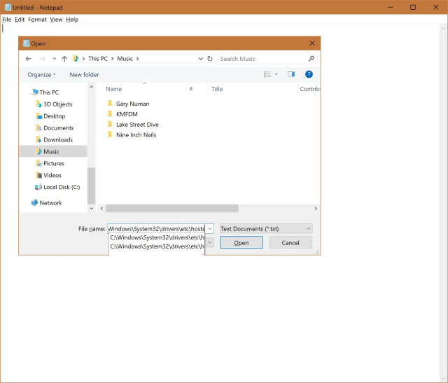 Steps 4 and 5: Windows Notepad open file dialog with the path pasted into the file name field.