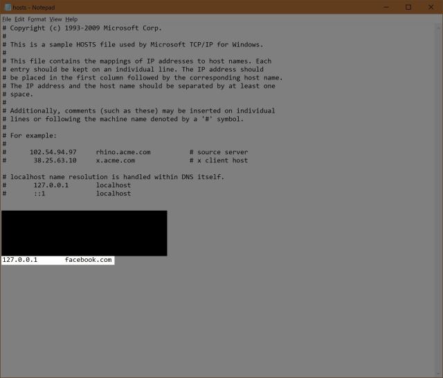 Steps 6 and 7: The hosts file with the Facebook entry added to the bottom.