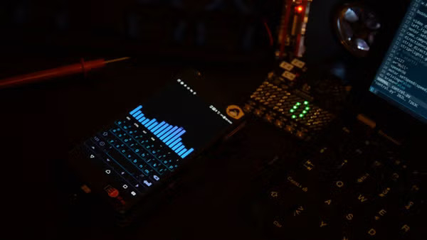 Termux: Sample picture.

A phone showing a bar graph in a hackery color scheme is on a table next to a laptop with illuminated keybaord and some sort of audio gizmo, also illuminated.