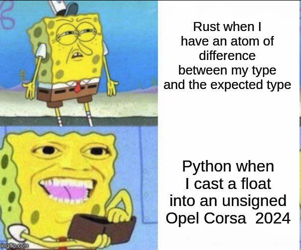 Spongebob reactions to Rust and to Python