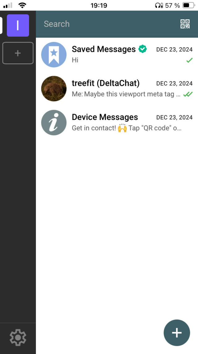 Deltachat "desktop" running on an iPhone. The screenshot shows the chatlist.