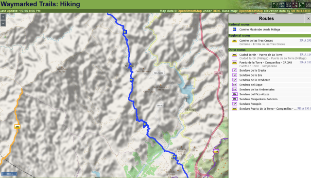 Map from hiking.waymarkedtrails.org showing trails near the village of Almogía. Two long trails are mapped, but there are apparently no trails linking them. 