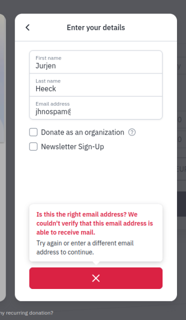 Screenshot of the Thunderbird donation page with error message: "Is this the right email address? We couldn't verify that this email address is able to recieve mail."