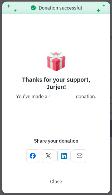 A thank you pop up with share buttons for Facebook, X, Linkedin and email.