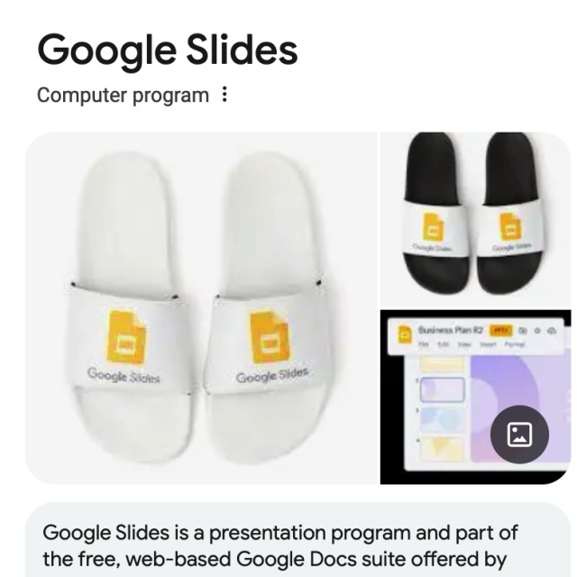 Plastic slippers with the Google slides icon on them the image is a rendering of a custom product. 