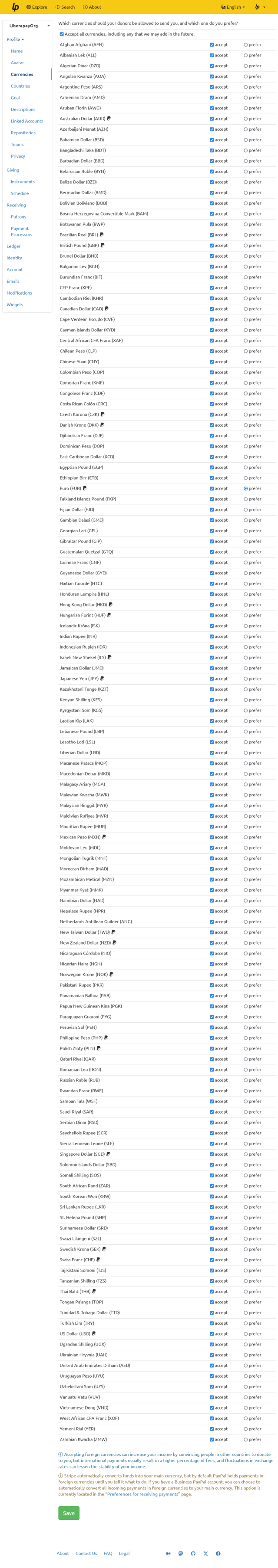 Long screenshot of the page to choose which currencies are accepted and which one is preferred.