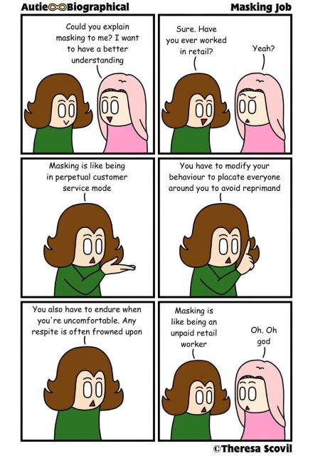 There's a reason autistic people can experience burnout due to masking.

[Image description: Honeydew explains masking to a friend. The comic is titled "Masking Job" and is made by Theresa Scovil.

Panel 1:
A friend happily asks Honeydew "Could you explain masking to me? I want to have a better understanding."
Honeydew smiles.
Panel 2:
Honeydew says "Sure. Have you ever worked in retail?"
The friend looks confused as they say "Yeah?"
Panel 3:
Honeydew says "Masking is like being in perpetual customer service mode."
Panel 4:
Honeydew continues. "You have to modify your behaviour to placate everyone around you to avoid reprimand."
Panel 5:
Honeydew goes on. "You also have to endure when you're uncomfortable. Any respite is often frowned upon."
Panel 6:
Honeydew finishes off by saying "Masking is like being an unpaid retail worker."
The friend looks shocked as they say "Oh. Oh god."]