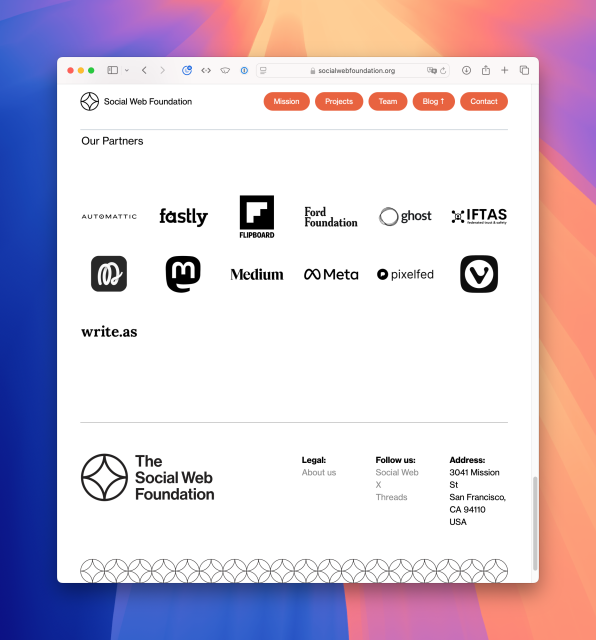 Screenshot of Social Web Foundation’s partners, with Meta proudly listed. To contact Social Web Foundation, you can use X and Threads.