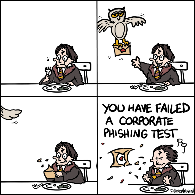 harry potter is eating lunch. an owl flies up with a letter. harry opens it eagerly. it's a howler. it screams at him: YOU HAVE FAILED A CORPORATE PHISHING TEST