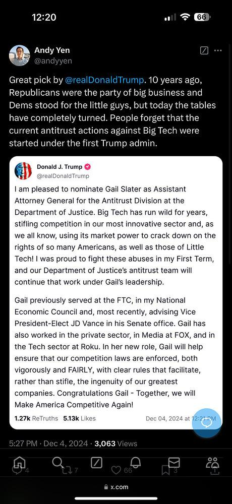 ANDY YEN AT XITTER, QUOTE COMMENTING SOME TRUMP COPROLALIA:

Great pick by @realDonaldTrump. 10 years ago, Republicans were the party of big business and Dems stood for the little guys, but today the tables have completely turned. People forget that the current antitrust actions against Big Tech were started under the first Trump admin
