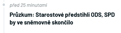 Průzkum: Starostové předstihli ODS, SPD by ve sněmovně skončilo 