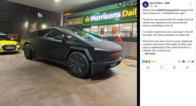 Cybertruck in Whitefield last night.

The driver was a permanent UK resident but the vehicle was registered and insured abroad which is prohibited in the UK.

The Tesla Cybertruck is not road legal in the UK and does not hold a certificate of conformity.

Whilst this may seem trivial to some, legitimate concerns exist around the safety of other road users or pedestrians if they were involved in a collision with a Cybertruck.

The vehicle was subsequently seized under S165 of the Road Traffic Act and the driver reported.