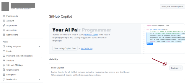 The Github settings, showing the Github Copilot section and a "Visibility->Show Copilot" setting that can be enabled or disabled