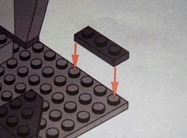 Lego style building instructions, except a 3 dot wide piece has arrows to connect it to another piece 4 dots apart. Last time I checked they don't stretch very much.